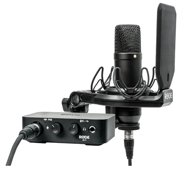 Kit de grabación Rode NT1 con interfaz AI1, micrófono condensador y shockmount.