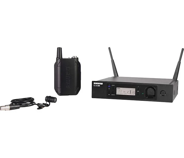 Sistema inalámbrico digital Shure GLXD14R/85-Z2 con lavalier WL185, transmisor de petaca y receptor en rack.