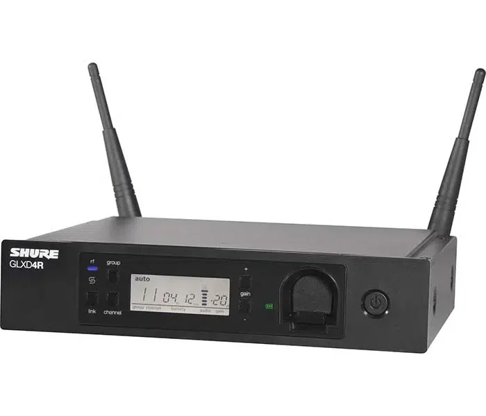 Receptor inalámbrico Shure GLXD4R con diseño rackeable y pantalla LCD frontal.