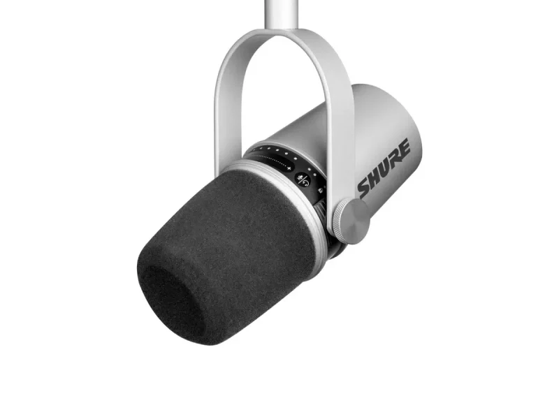 Micrófono Shure MV7-S dinámico gris con conectividad USB y XLR para podcast y grabación.