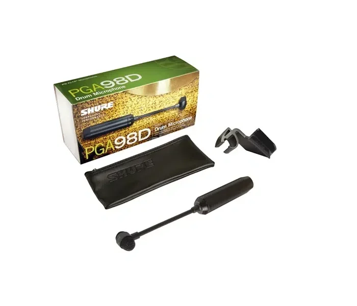 Micrófono condensador Shure PGA98D-LC para batería, con clip de montaje y estuche.