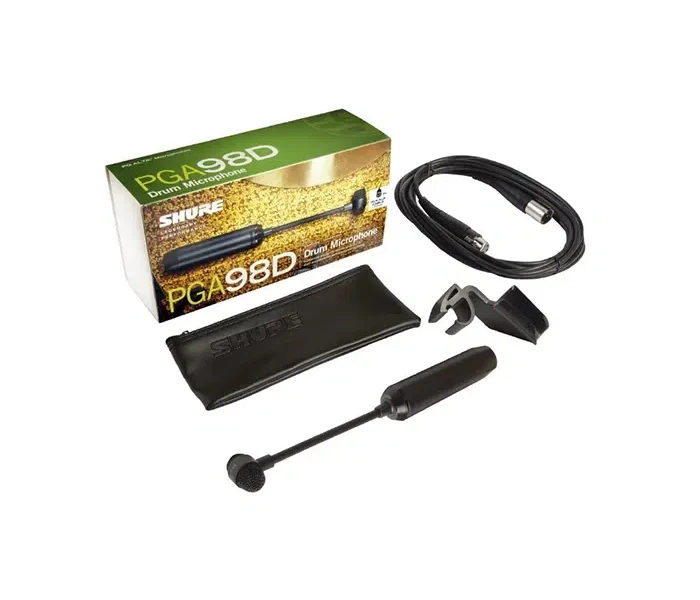 Micrófono Shure PGA98D-XLR condensador para batería, con clip de montaje, estuche y cable XLR.
