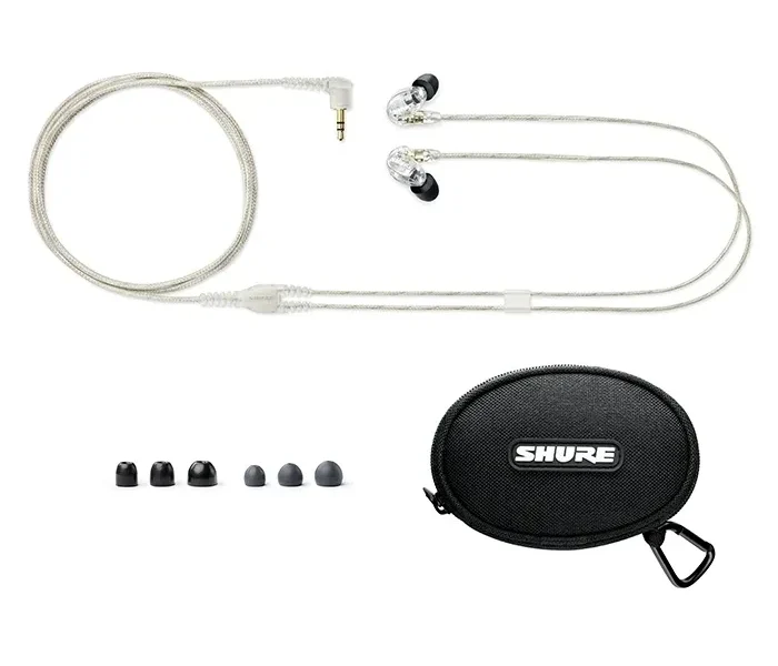 Auriculares in-ear Shure SE215-CL transparentes con cable desmontable, estuche y almohadillas.