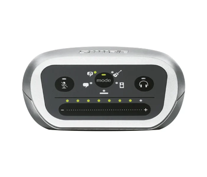 Interfaz de audio Shure MOTIV MVI/A-LTG con controles táctiles para grabación móvil y de escritorio.