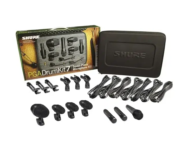 Kit de micrófonos Shure PGADRUMKIT7 para batería, incluye estuche rígido, clips, cables y caja original.