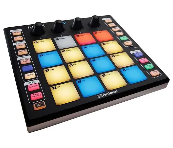 Controlador MIDI PreSonus ATOM con 16 pads retroiluminados y perillas asignables