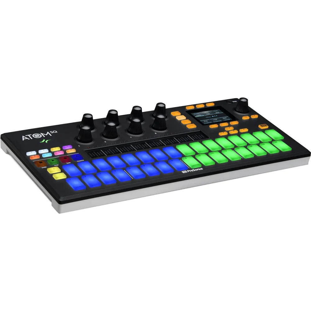 PreSonus ATOM SQ – Controlador MIDI Híbrido Controlador MIDI híbrido PreSonus ATOM SQ con pads retroiluminados, pantalla y perillas