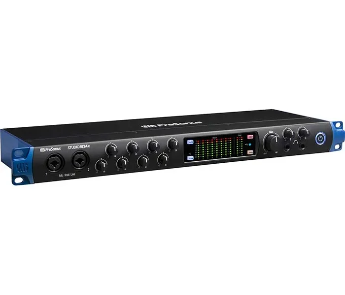 Interfaz de audio profesional PreSonus Studio 1824c con rack de una unidad y medidores LED