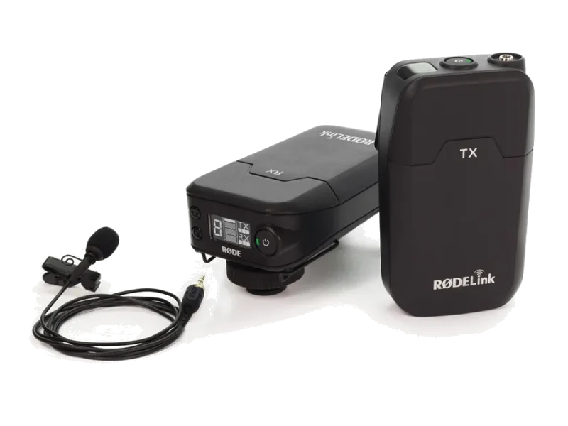 Sistema inalámbrico Rode Filmmaker Kit con transmisor, receptor y micrófono lavalier.
