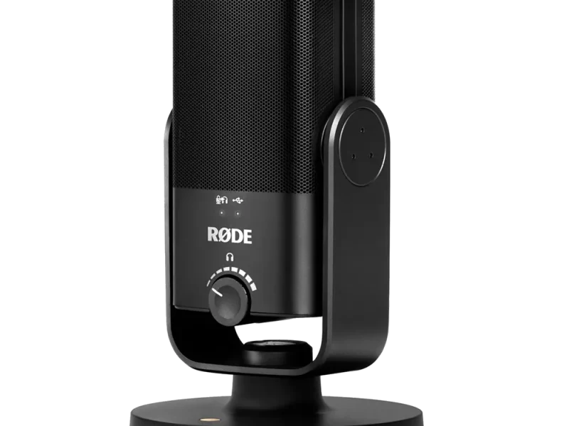 Micrófono USB compacto Rode NT-USB Mini con base magnética y salida de audífonos.