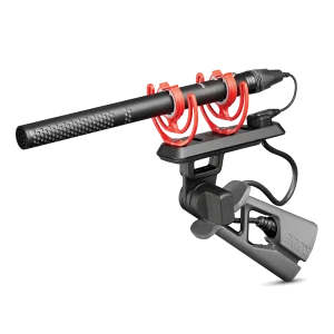 Micrófono shotgun Rode NTG5KIT con soporte y conexión XLR, ideal para producción audiovisual.