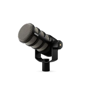 Micrófono dinámico Rode PodMic para podcasting, con montura integrada.