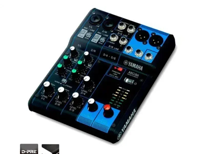 Mezcladora Yamaha MG-06 de 6 canales vista superior en diagonal