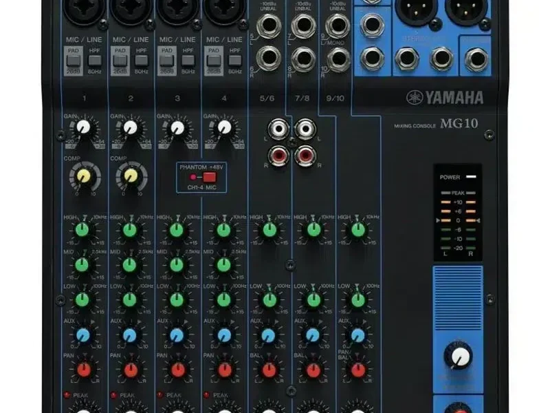 Mezcladora analógica Yamaha MG10 de 10 canales con múltiples entradas y controles de ecualización