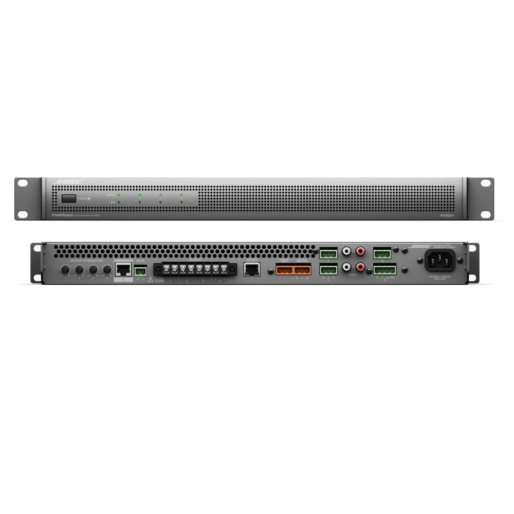 Amplificador multicanal Bose PowerSpace P4300+ montable en rack, vista frontal y posterior.
