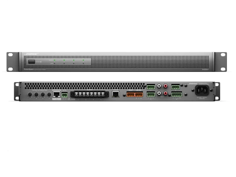 Amplificador multicanal Bose PowerSpace P4300+ montable en rack, vista frontal y posterior.