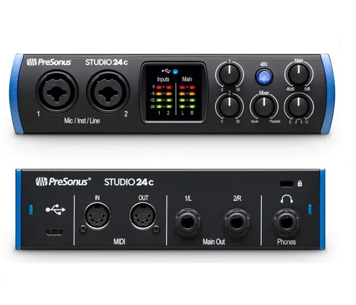Interfaz de audio profesional PreSonus Studio 24c con conexión USB-C y medidor LED frontal