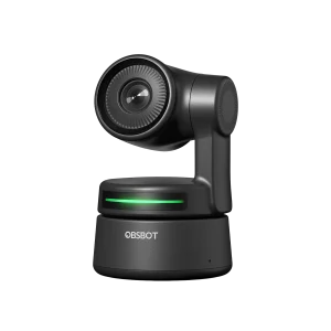 Cámara web OBSBOT Tiny PTZ con diseño motorizado compacto y anillo LED verde.