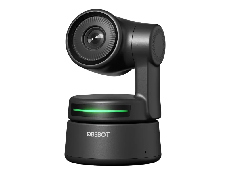 Cámara web OBSBOT Tiny PTZ con diseño motorizado compacto y anillo LED verde.