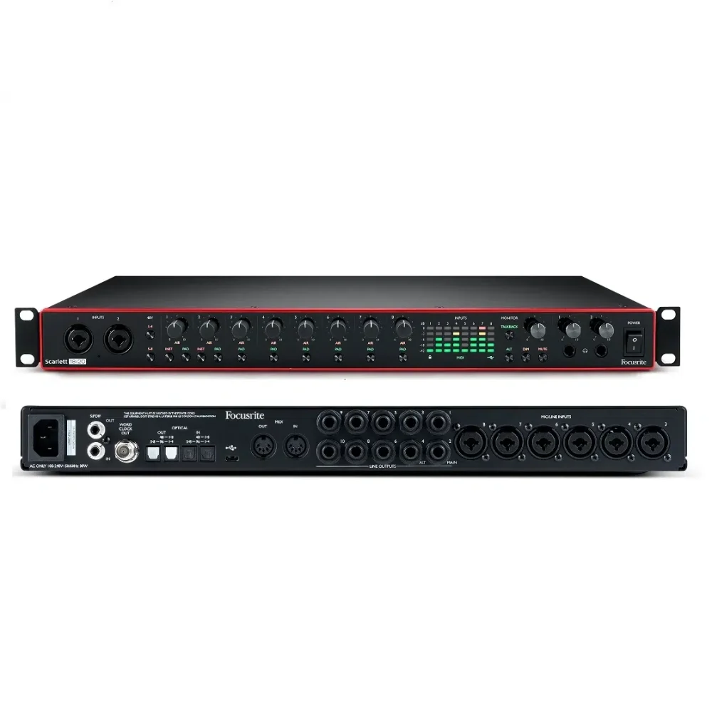 Focusrite Scarlett 18i20 MK3 Interfaz de audio Focusrite Scarlett 18i20 de tercera generación vista frontal y trasera.