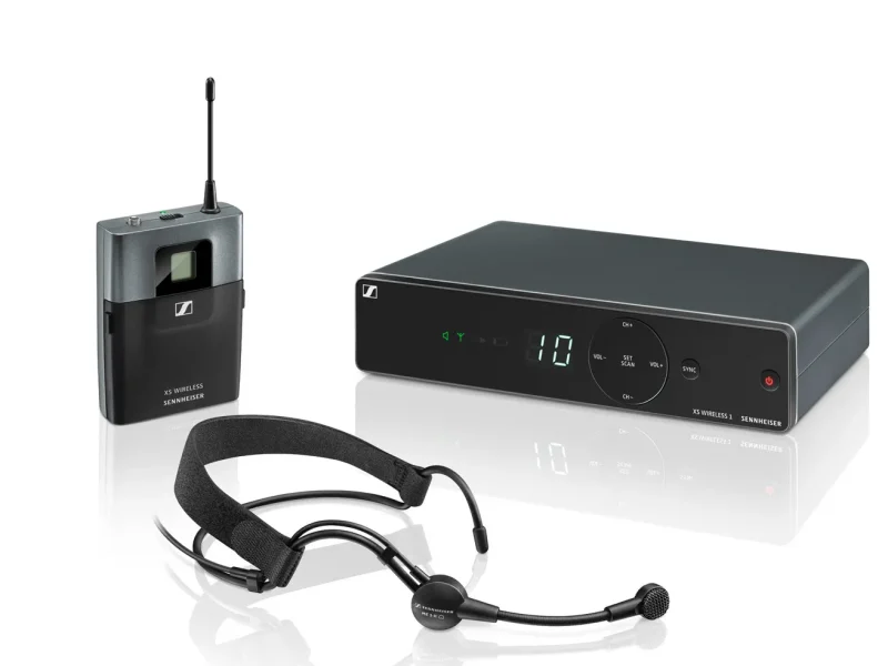 Sistema inalámbrico Sennheiser XSW 1-ME3 con micrófono de diadema, receptor y transmisor de petaca