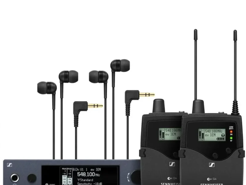 Sistema de monitoreo inalámbrico dual Sennheiser EW IEM G4 con transmisor, dos receptores y audífonos incluidos