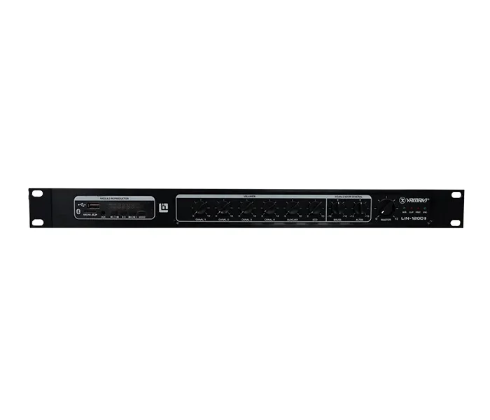 Frontal del mezclador YAMAKI LIN-120D II con múltiples perillas y entrada USB