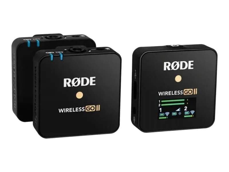 Sistema inalámbrico RØDE Wireless GO II con doble transmisor y receptor con pantalla.