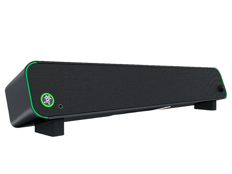 Barra de sonido Mackie CR StealthBar negra con borde verde, vista angular