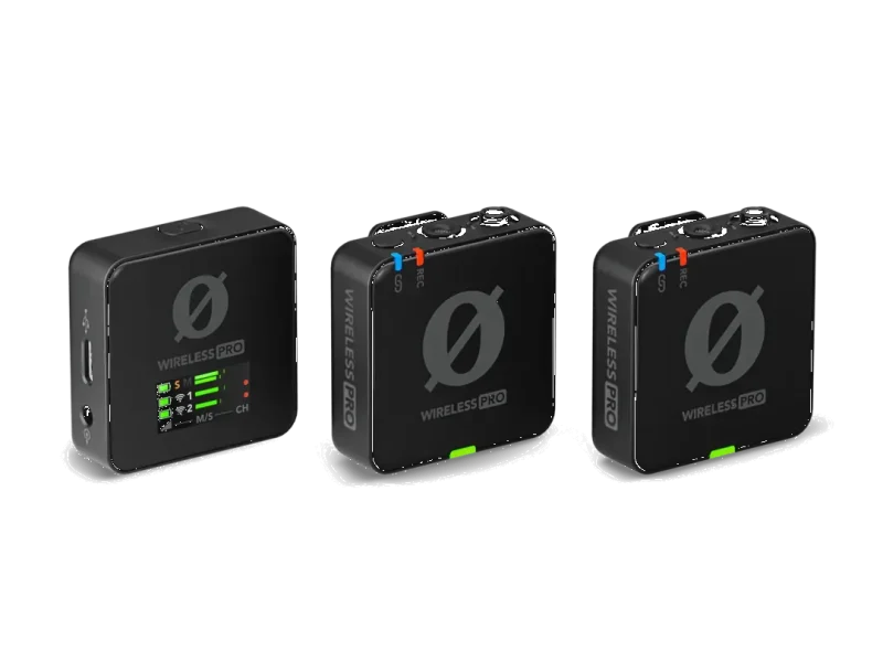 Sistema profesional inalámbrico RØDE Wireless PRO con dos transmisores y receptor.