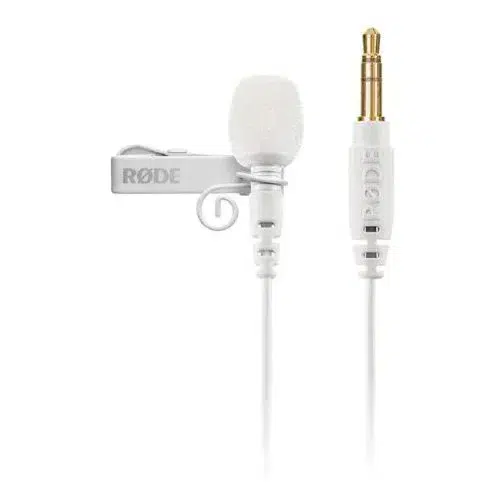 Micrófono de solapa RODE Lavalier GO en color blanco con conector de 3.5 mm