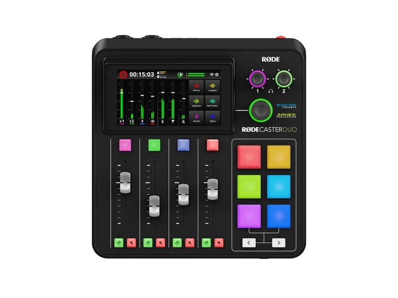Consola de producción de audio profesional Rode Rodecaster Duo con faders, pads y pantalla táctil