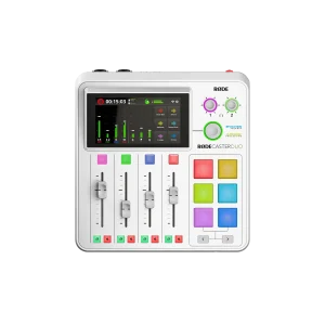Consola Rode Rodecaster Duo en color blanco con controles de mezcla y pads multicolor