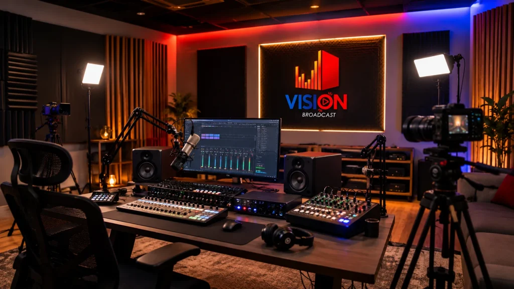 Estudio de streaming con consola de audio, monitores de sonido y cámara para transmisión en vivo