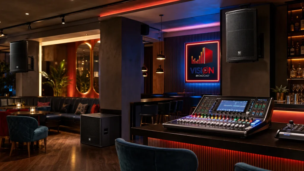 Bar con parlantes, subwoofer y consola de control de audio