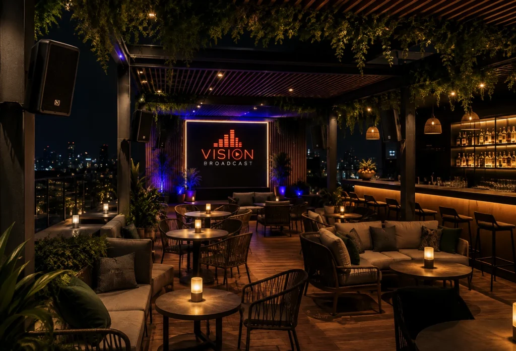 Terraza de bar con parlantes en el techo y ambientación nocturna