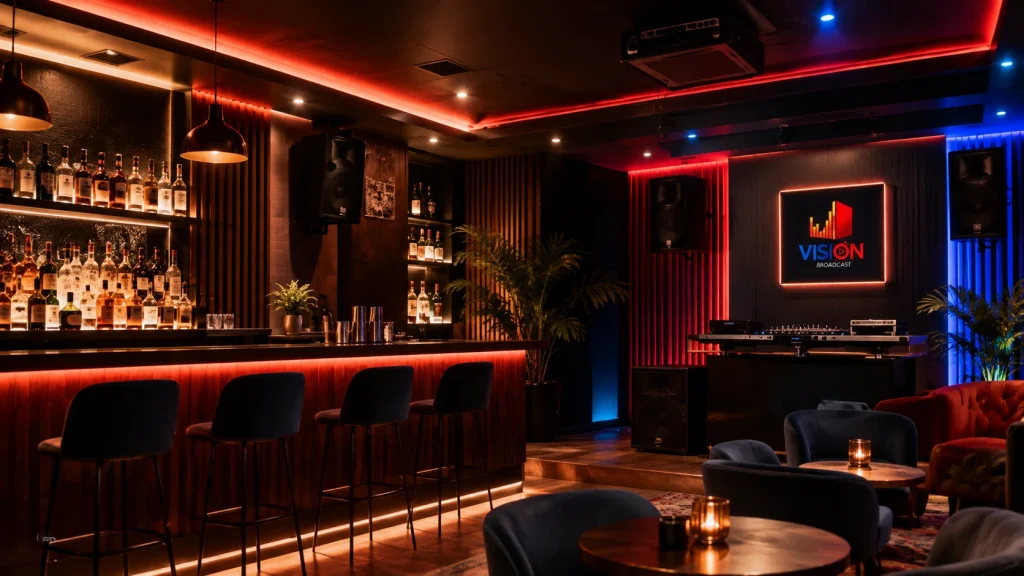 Bar con sistema de sonido ambiental, parlantes de pared e iluminación decorativa
