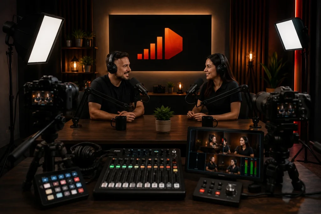 Grabación de un podcast en video con cámaras, iluminación y consola de audio