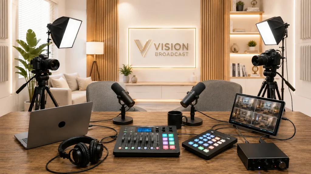 Set de grabación de podcast con cámaras, iluminación y monitor multicámara