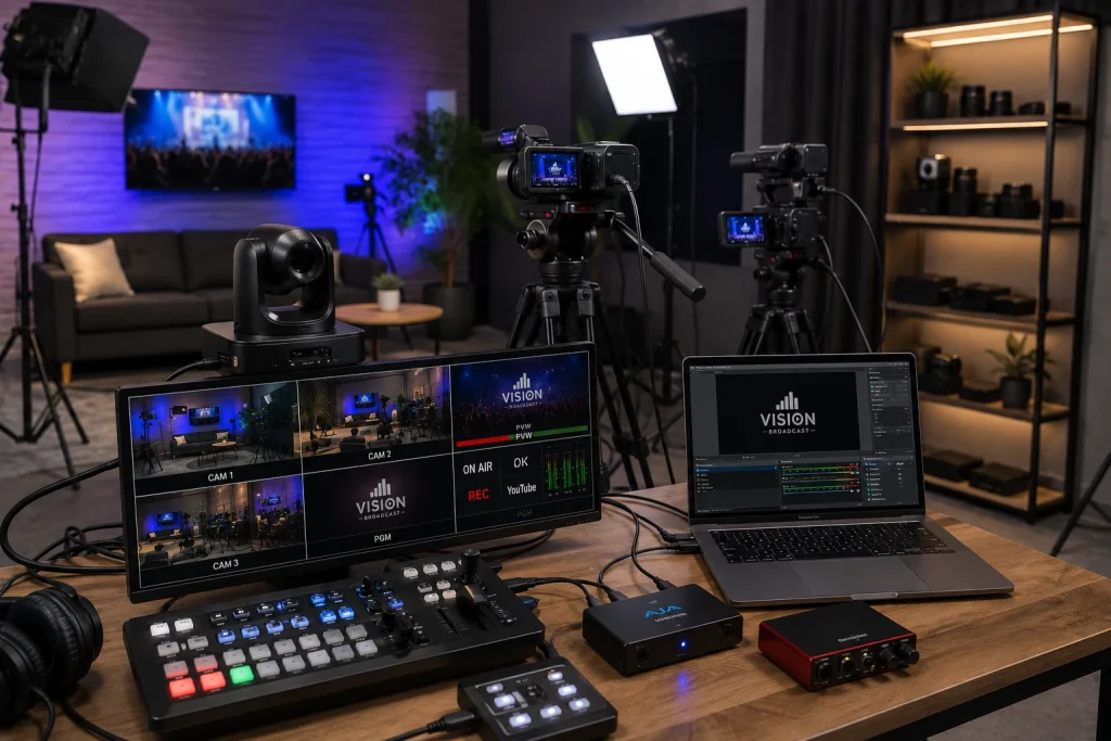 Sistema de streaming con varias cámaras, switcher de video y monitores multicámara
