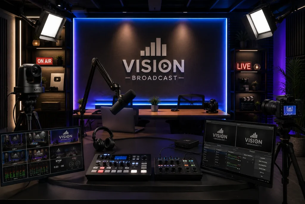 Set de streaming profesional con cámaras, iluminación y consola de audio en vivo