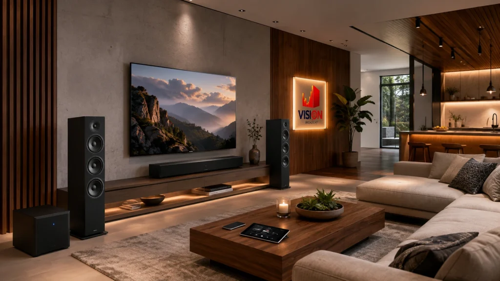 Sala moderna con parlante de torre, subwoofer y televisor para sonido en casa