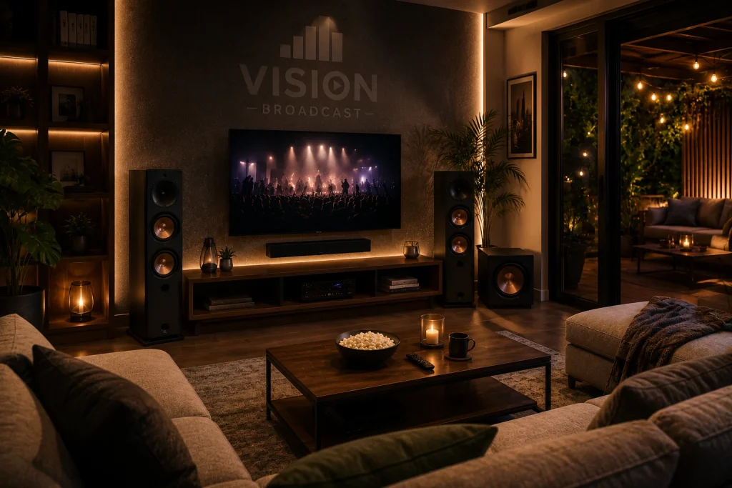 Sala de entretenimiento en casa con torres de altavoces y televisor para películas y música