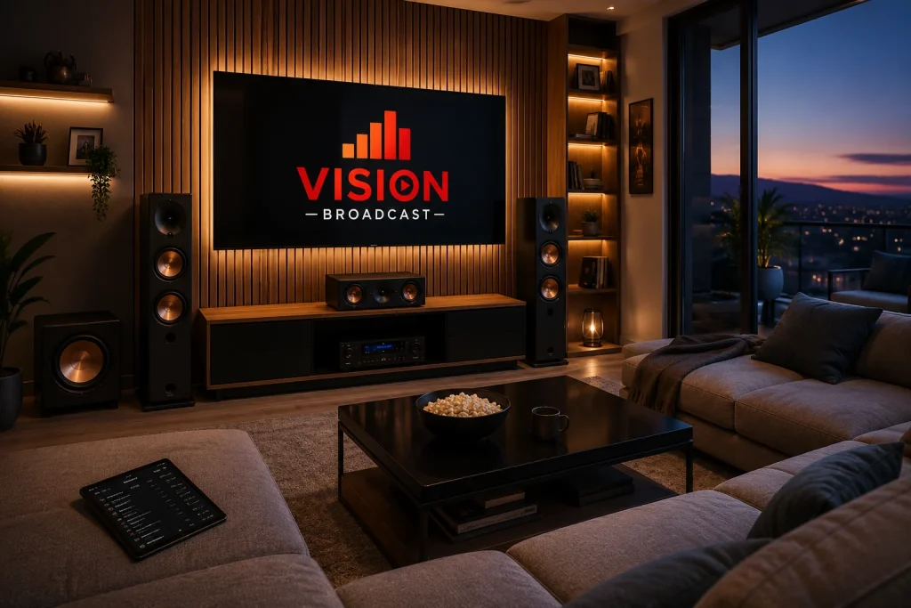 Sala de estar con sistema de sonido para casa y torres de altavoces frente al televisor