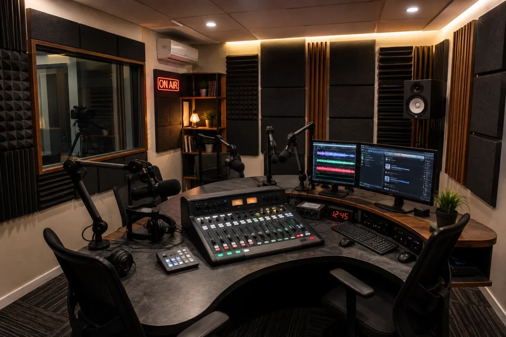 Cabina de radio profesional con tratamiento acústico, consola y mobiliario técnico