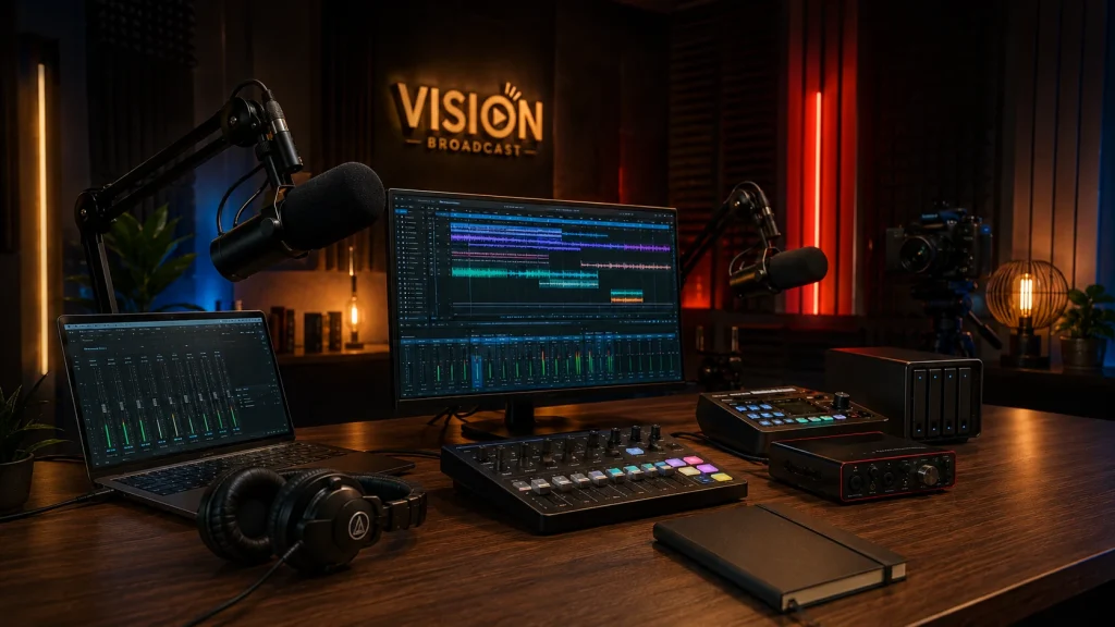 Estación de transmisión de radio con computadores, consola y micrófono para operación al aire