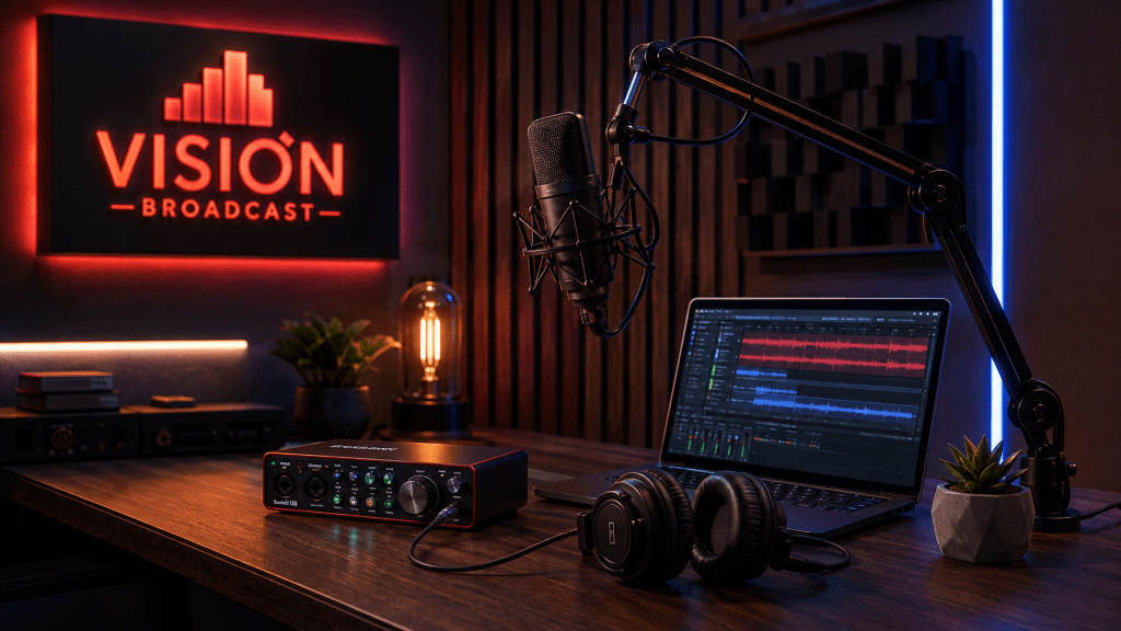 Configuración de home studio con micrófono, interfaz de audio y audífonos de monitoreo