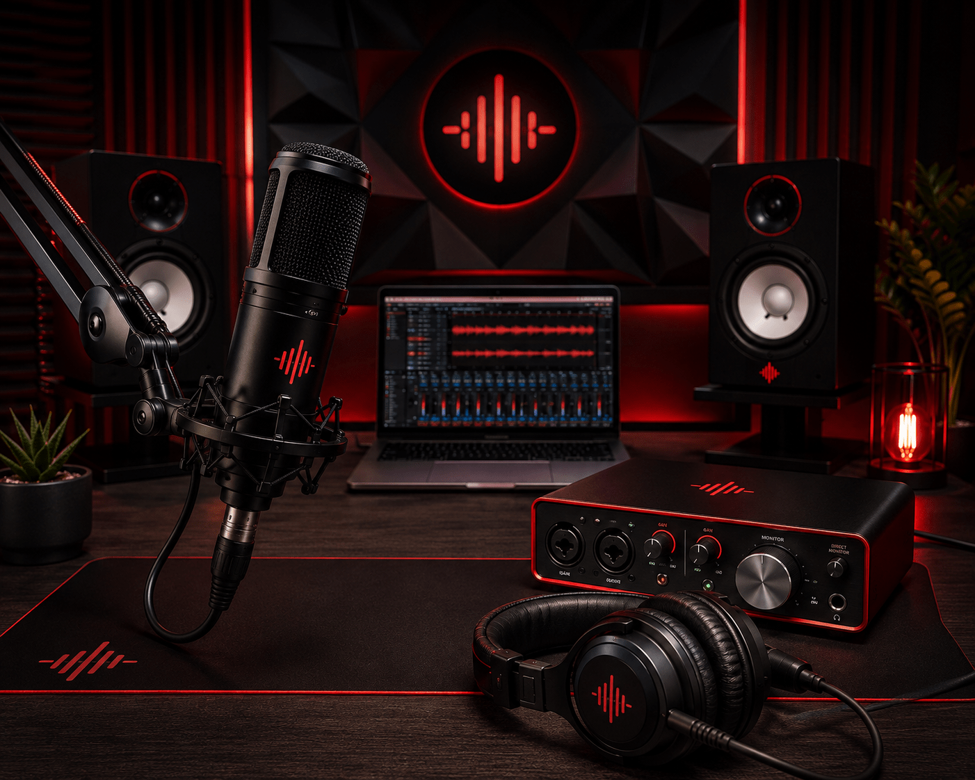 Home studio con micrófono, monitores de estudio PreSonus Eris e interfaz de audio