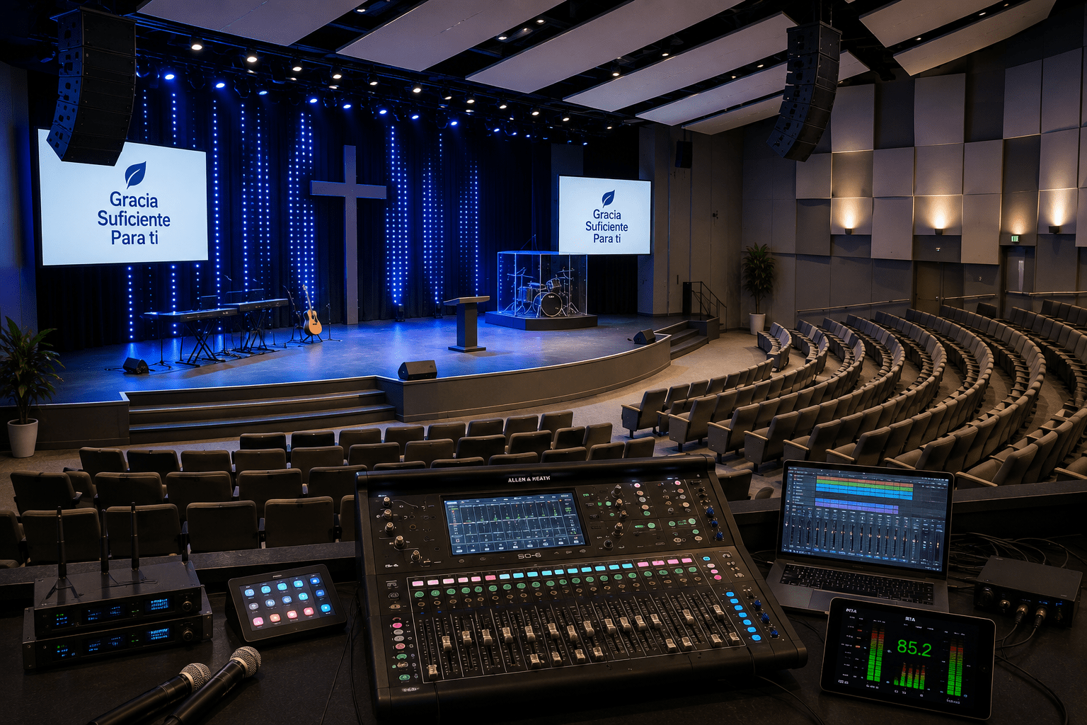 Escenario de iglesia con consola de mezcla digital y sistema de sonido para claridad de voz